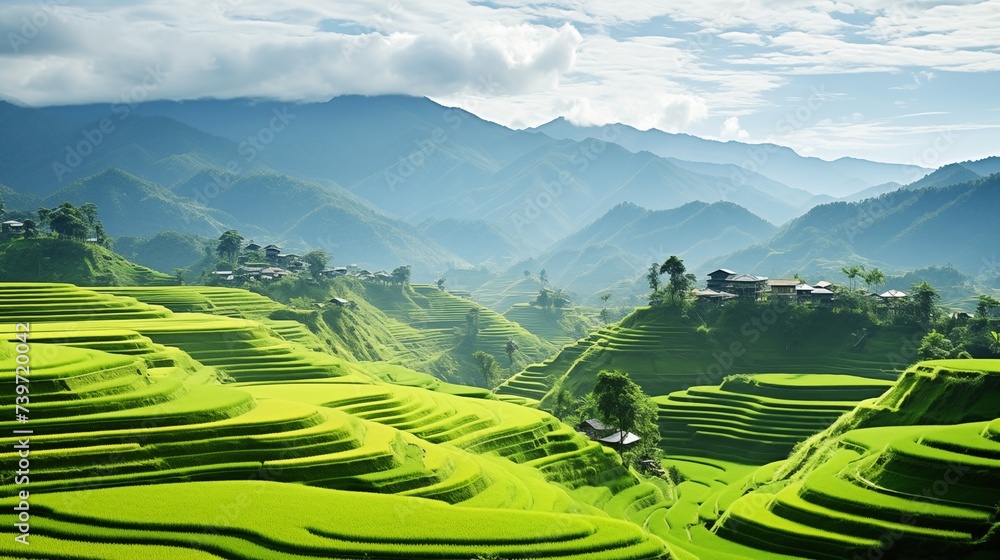Green terraced rice fields stretch endlessly to the Thai horizon, forming a breathtaking vista that showcases the beauty and tranquility of traditional agricultural landscapes.
