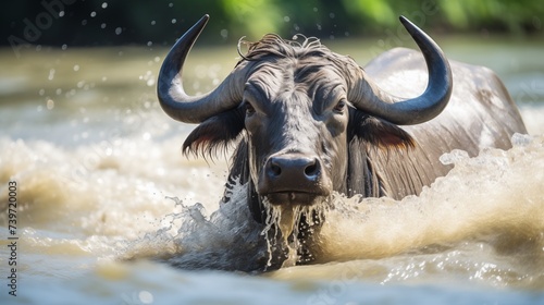 Tranquil rural scenes capture the image of water buffaloes playing in water, reflecting the serene and peaceful essence of countryside life. 