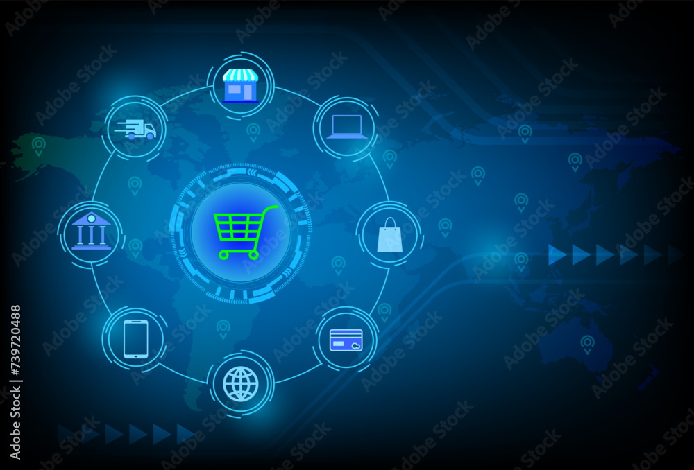 Online shopping digital marketing technology icon on world map futuristic digital innovation background. E-commerce concept 