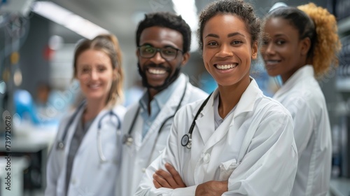 A team of diverse medical professionals standing confidently in a hospital, representing healthcare, teamwork, and diversity.