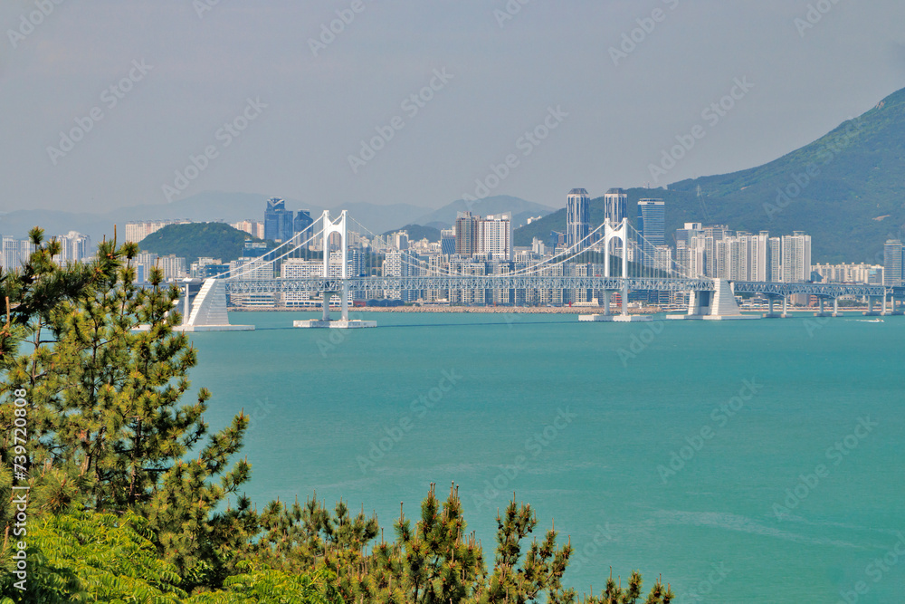 Gwangan (Diamond) suspension bridge over Suyeongman bay. Busan, Korea