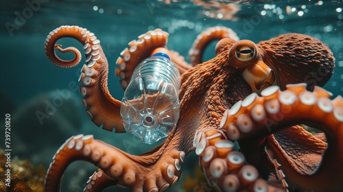 Octopus holding plastic bottle under sea a water pollution concept, Generative AI. © Grandpas
