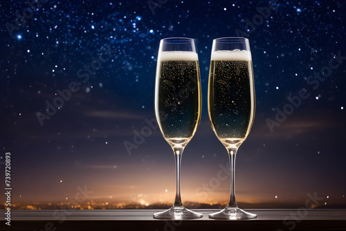 Two Champagne glasses, against the night sky. Generative AI