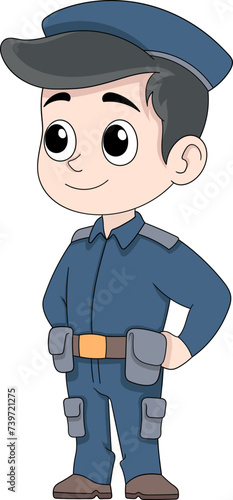 cartoon doodle illustration of peoples professions, boy in uniform being a police officer protecting citizens