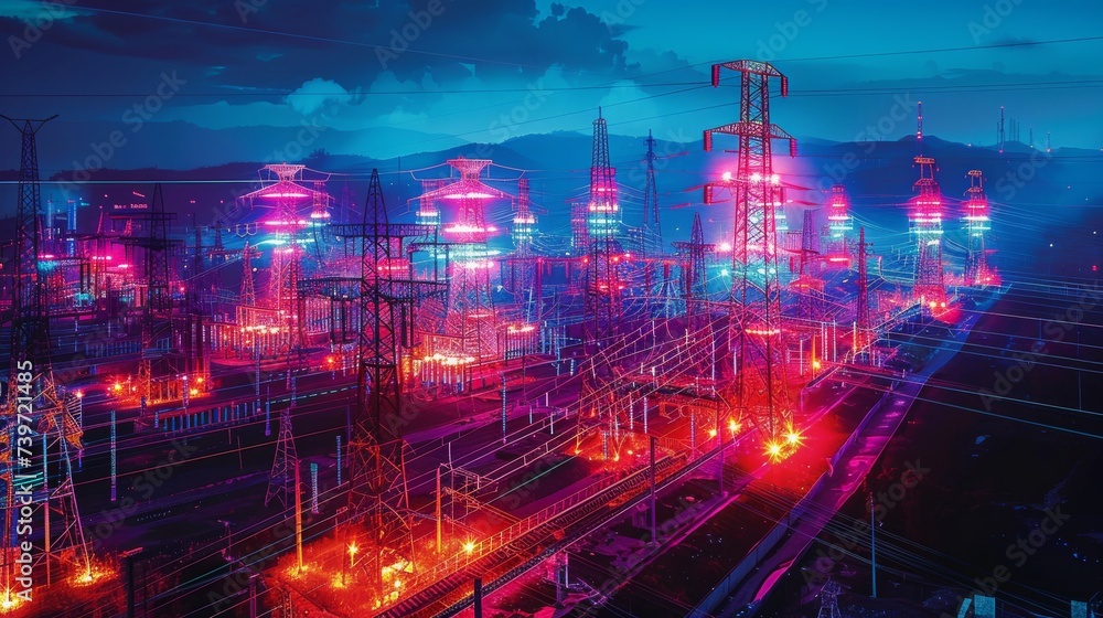 Obraz premium Neon-lit power grid station at night showcasing a futuristic energy distribution complex.