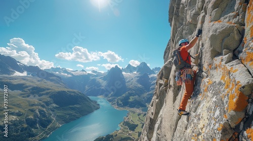 An adventurous climber in bright attire ascends a rugged cliff against a stunning mountainous landscape, embodying the spirit of adventure.