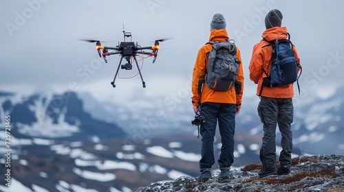 Two hikers in orange jackets operating a drone in a snowy mountainous landscape for exploration.