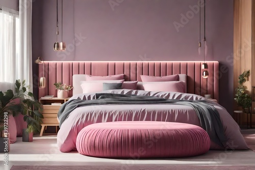 Pouf next to wooden bed with pink sheets in grey bedroom interior