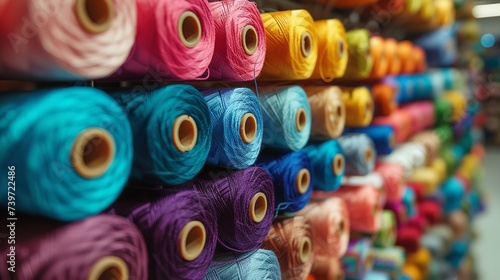 Picture of a sewing supply outlet shelf with spools of vivid thread and space, Generative AI.