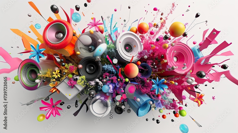 3d abstract explosion of speakers, shapes, rainbows, flowers, orbs on a white background