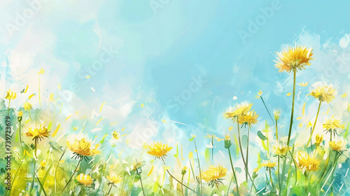 野に咲くタンポポの花と青空と白い雲　Generative AI photo