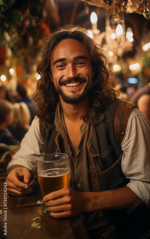 Portrait of man having beer while leaning against bar counter. Portrait of man having beer while leaning against bar counter.