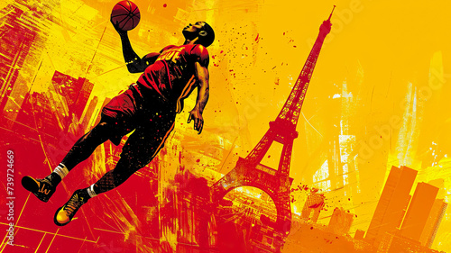 simple line art minimalist collage illustration with professional basketball player with a ball, scores the ball into a basketball basket and Eiffel Tower in the background, olympic games, wide lens