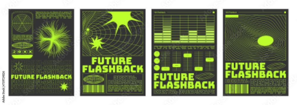 Set of retro futuristic vibe flyers. Vector realistic illustration of y2k aesthetic posters with yellow equalizer, wireframe landscape, color stars, planet, barcode icons, retrowave collage banners