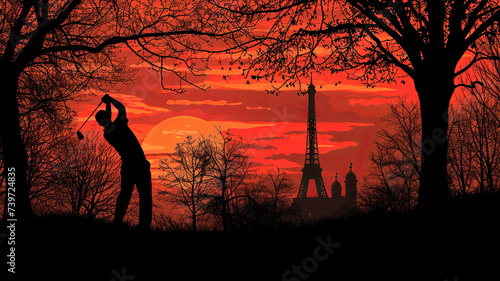 simple line art minimalist collage illustration with professional golfer practicing different swing strategies and Eiffel Tower in the background, olympic games, wide lens