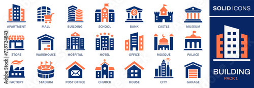Building icon set. Collection of house, home, store, office, apartment and more. Vector illustration. Easily changes to any color.