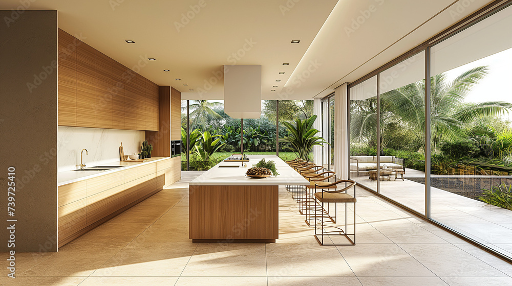 Fototapeta premium kitchen is a blend of modern design and natural tranquility, featuring a spacious kitchen island, top-notch appliances, and an open kitchen layout with tropical views