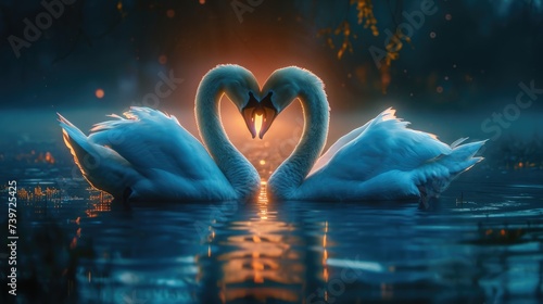 Fototapeta Naklejka Na Ścianę i Meble -  Serene embrace: two swans in love, a graceful display of adoration and unity in the swanst's affectionate bond, a symbol of tranquility and everlasting companionship in the natural world.