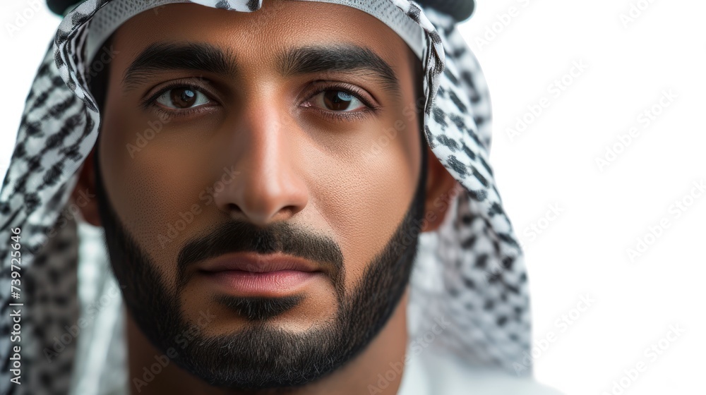 close up portrait of arabian man wear emerati kandora traditional