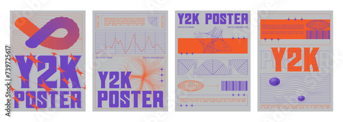 Set of retro futuristic vibe banners. Vector realistic illustration of y2k aesthetic posters with orange and purple color background, text borders, statistics data chart frames, retrowave collage