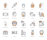 Flu disease prevention, cold symptoms flat line icons set. Fever headache sneeze, sore throat vector illustrations. Outline signs medical healthcare infographic. Orange color, Editable Strokes