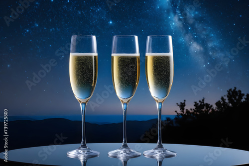 Three Champagne glasses, against the night sky. Generative AI