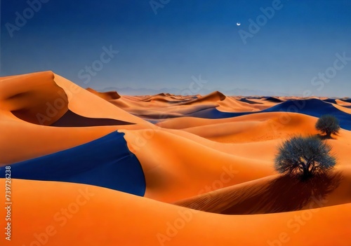 Dark orange-blue landscape with desert dunes