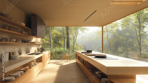 Eco-friendly kitchen with floor-to-ceiling windows, this kitchen boasts a minimalist aesthetic with a central kitchen island, immersed in natural beauty.