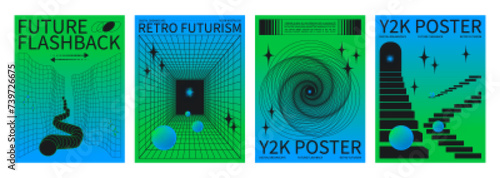 Set of retrowave techno banners. Vector realistic illustration of y2k aesthetic blue and green gradient posters with wireframe portal perspective, star icons, retro futuristic vibe collage flyers