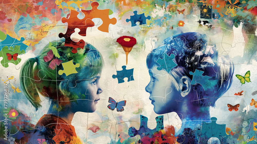 Autism kids with puzzle-piece mindscapes reflecting creativity and diversity
