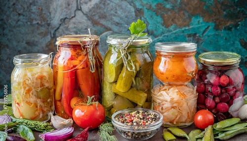 jars of pickled vegetables wallpaper vibrant collection of assorted fermented foods displayed in clear glass jars, featuring a colorful array of textures and hues from vegetables and fruits, symbolizi
