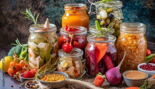 jars of pickled vegetables wallpaper vibrant collection of assorted fermented foods displayed in clear glass jars, featuring a colorful array of textures and hues from vegetables and fruits, symbolizi