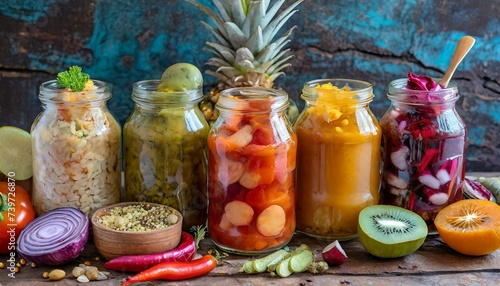 ingredients for cooking wallpaper vibrant collection of assorted fermented foods displayed in clear glass jars, featuring a colorful array of textures and hues from vegetables and fruits, symbolizi
