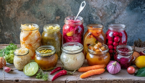 pickled vegetables in a glass wallpaper vibrant collection of assorted fermented foods displayed in clear glass jars, featuring a colorful array of textures and hues from vegetables and fruits, symbol