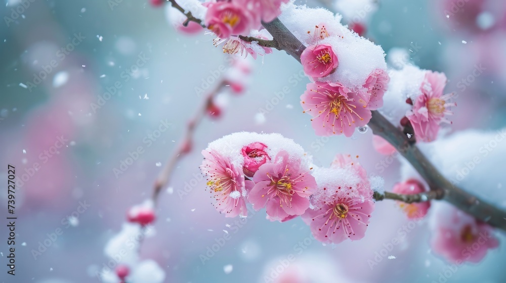 Branch with pink flowers covered in snow