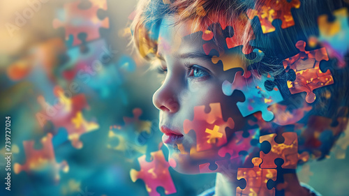 Autism kids with puzzle-piece mindscapes reflecting creativity and diversity photo
