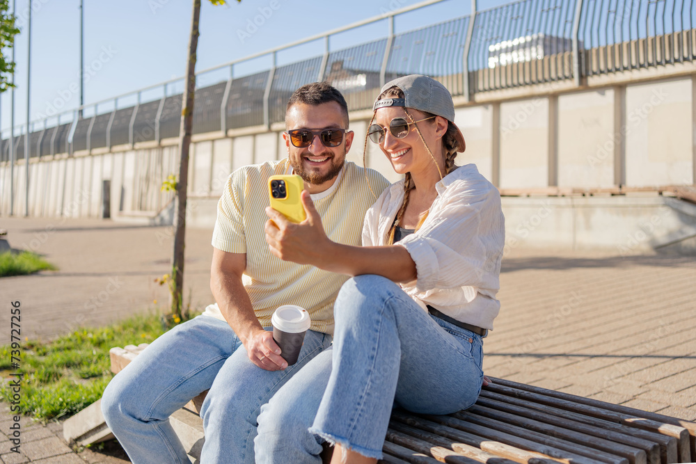 Couple, bonding and make phone selfie on city summer holiday, travel vacation date or social media memory