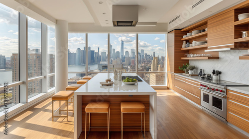Modern kitchen with city views, this kitchen showcases sleek design and state-of-the-art appliances, set in a high-rise kitchen environment