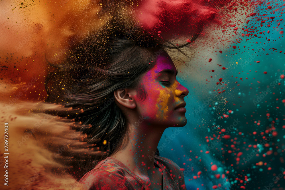 Poster for Indian Holi Festival. Portrait of a woman in the midst of a color powder explosion