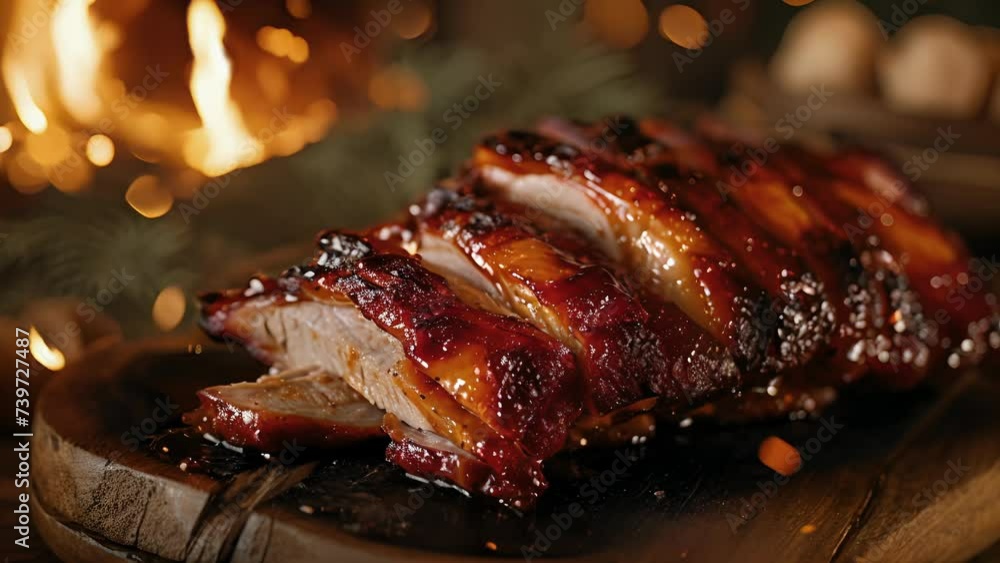 Thick slices of roasted pork bathed in a tangy smoky BBQ sauce. The bold flavors of the charred meat are complemented by a fiery cayenne pepper kick that lingers on the tongue. Thick slices of roasted pork bathed in a tangy smoky BBQ sauce. The bold flavors of the charred meat are complemented by a fiery cayenne pepper kick that lingers on the tongue.