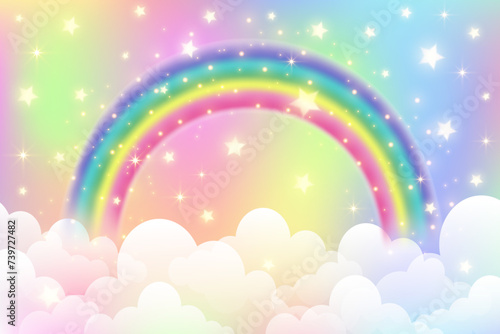 Holographic fantasy rainbow unicorn background with clouds. Pastel color sky. Magical landscape, abstract fabulous pattern. Cute candy wallpaper. Vector.