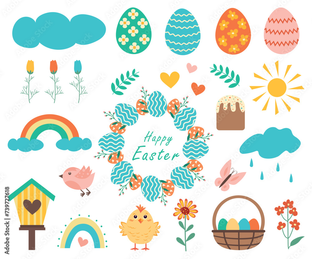 Easter elements set. Cute birds, Easter eggs, chickens, a wreath of Easter eggs and the inscription Happy Easter, spring flowers.