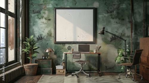 Mockup frame on boy's study desk in military style room interior, 3D rendering. Generative Ai photo