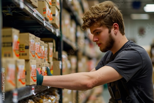A man packing boxes shop while working at foods.