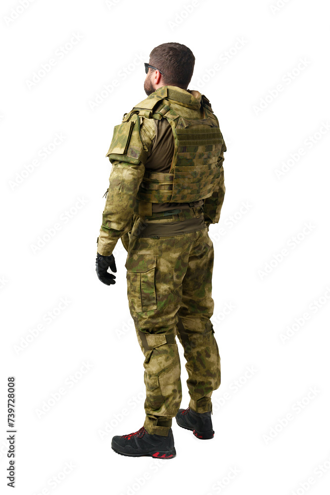Back view of male soldier in military uniform isolated on white background Back view of male soldier in military uniform isolated on white background