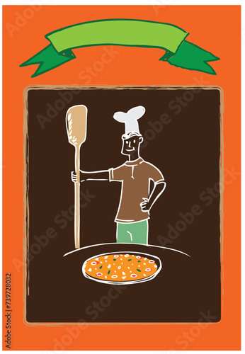 A Pizzaiolo or Pizza Maker  makes a Pizza hand sketch. editable Clip Art.