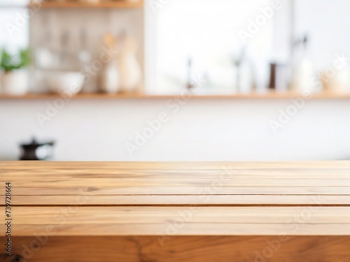 Wooden table top view for product montage over blurred white and clean kitchen background