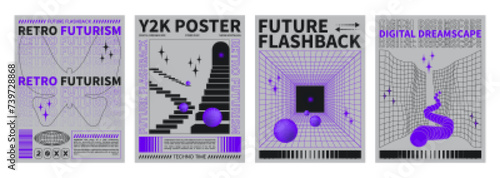 Poster design template in trendy y2k style with grid perspective pattern and objects. Vector set of retro futuristic 2000s streetwear techno banners with abstract wireframe geometric 3d shape.