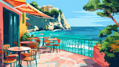 Cafe by the sea. Illustration of paradise island