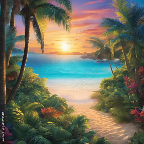 Escape to paradise  AI artistry blends palm-fringed beaches  crystal-clear waters  vibrant sunsets. Tropical bliss awaits.